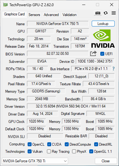 EVGA NVIDIA GeForce GTX 750 Ti 2GB PCIE %