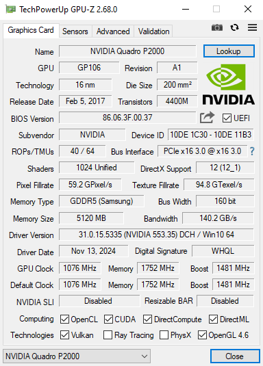 NVIDIA Quadro P2000 5GB GDDR5 Graphics Card 4x DisplayPort