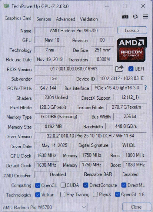 AMD Radeon Pro W5700 Graphic Card 8 GB GDDR6 w/ 5x Mini Displayport