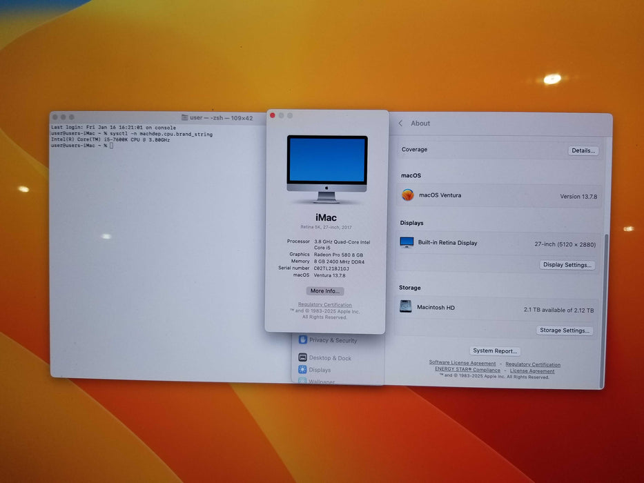 Apple iMac Retina 5K 2017 27" intel i5-7600K CPU 3.80GHz 8GB RAM 2TB HDD
