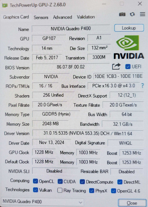 NVIDIA Quadro P400 2GB GDDR5 Graphics Card Q