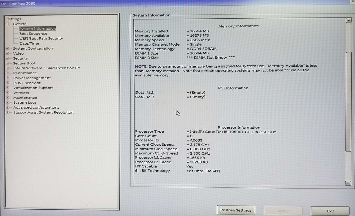 Dell OptiPlex 3080 Micro Core i5-10500T CPU 2.30GHz 16GB - No HDD
