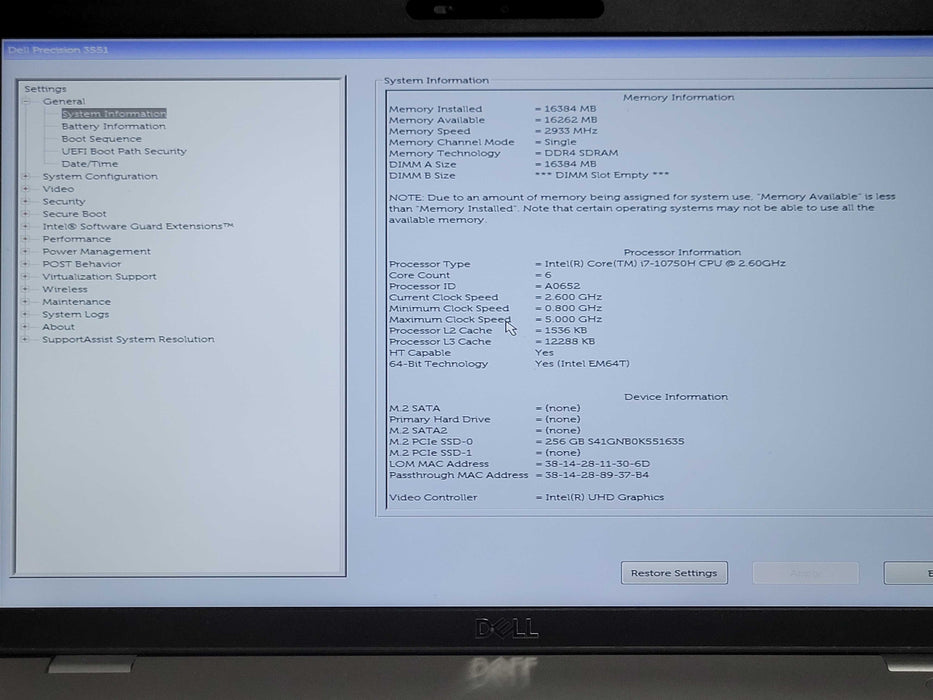 Dell Precision 3551 | i7-10750H 2.6GHz, 16GB DDR4, Quadro P620, 256GB NVMe _ Lap200