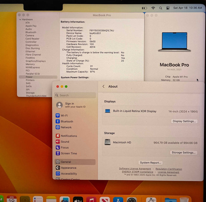 Apple MacBook Pro 14" M1 Pro 2021 32GB RAM 1TB SSD No Power Adpter