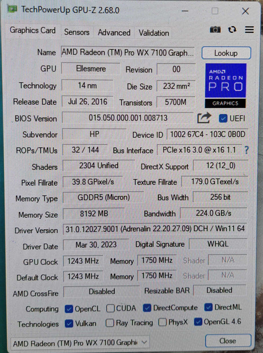 AMD Radeon Pro WX 7100 8GB GDDR5 Graphics Card | 4x DisplayPort )