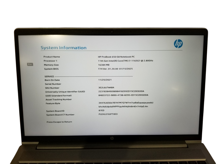 HP ProBook 650 G8 Core i7-1165G7 @2.80GHz 16GB RAM 256GB NVMe	  Lap200
