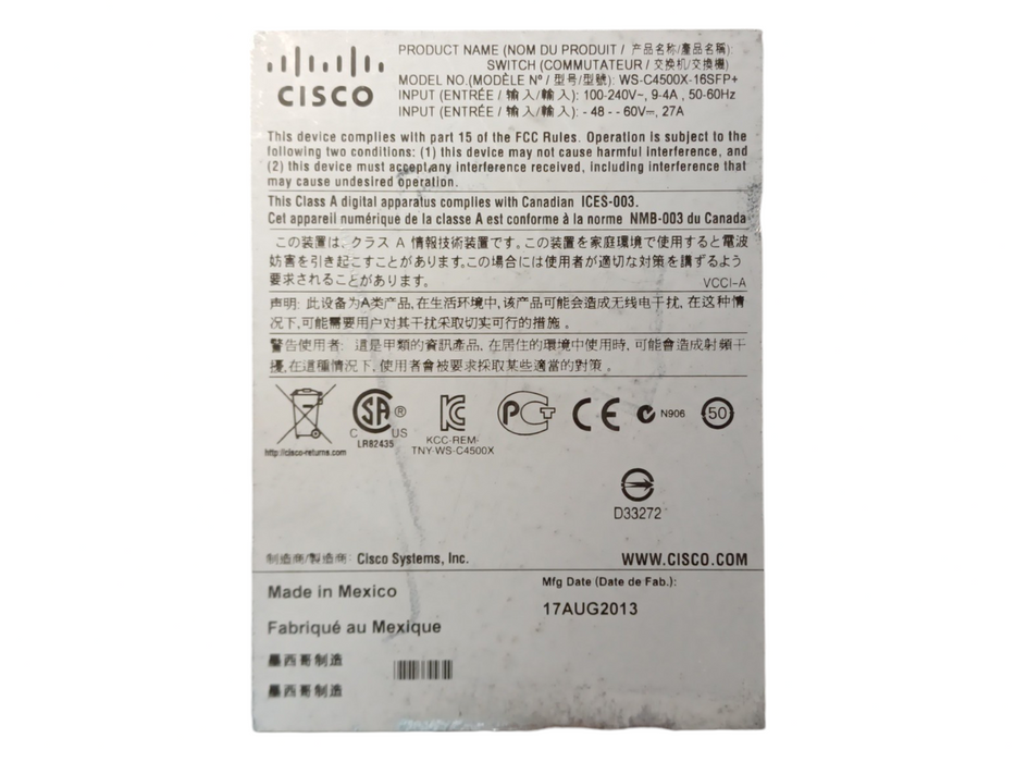 Cisco WS-C4500X-16SFP+ v02 16 Port 10GE IP Base Gigabit Switch w/ 2x PSU