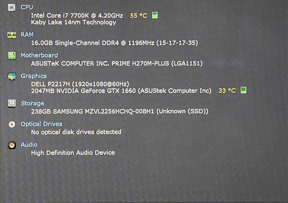 Custom PC,PRIME H270M-PLUS, i7-7700K 4.20GHz, 16GB RAM, 256GB NVMe, GTX1660