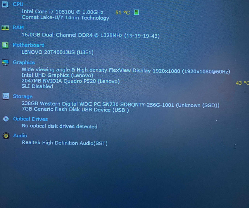 Lenovo ThinkPad P15s i7-10510U QUADRO P520 2GB GPU 16GB RAM 256GB SSD  Lap200
