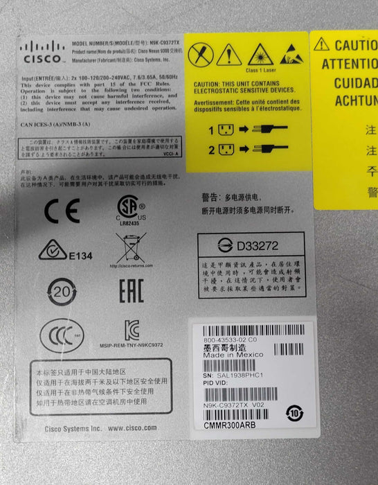 Cisco N9K-C9372TX 48-Port Nexus 9300 1/10GB Switch w/ Dual AC _