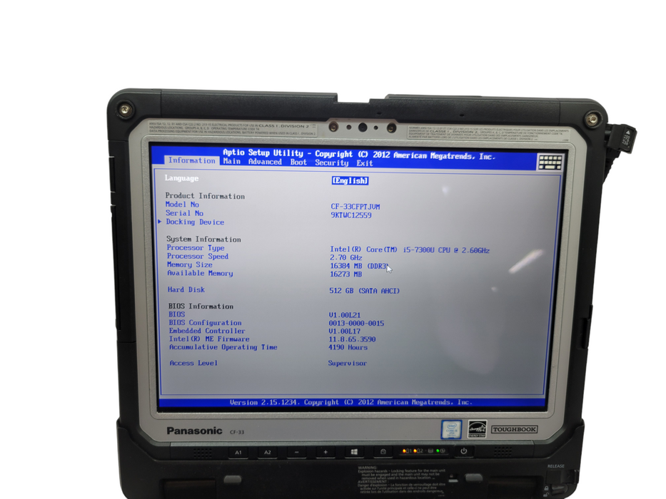 PANASONIC ToughBook CF-33 - Core i5-7300 16GB RAM 512GB 4190HRS % Lap200