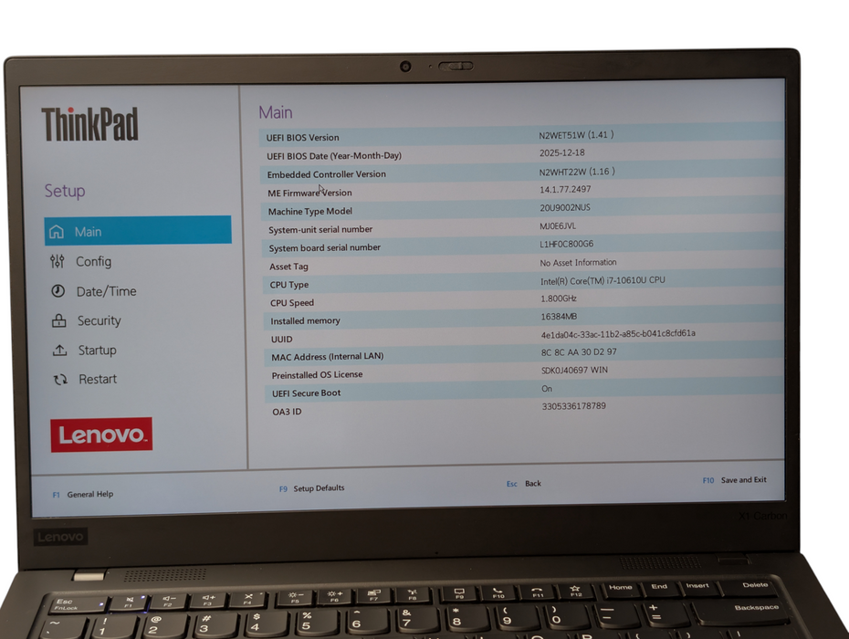 Lenovo ThinkPad X1 Carbon Gen 8 Intel Core i7-10610U 16GB RAM 256GB NVMe  - Lap200