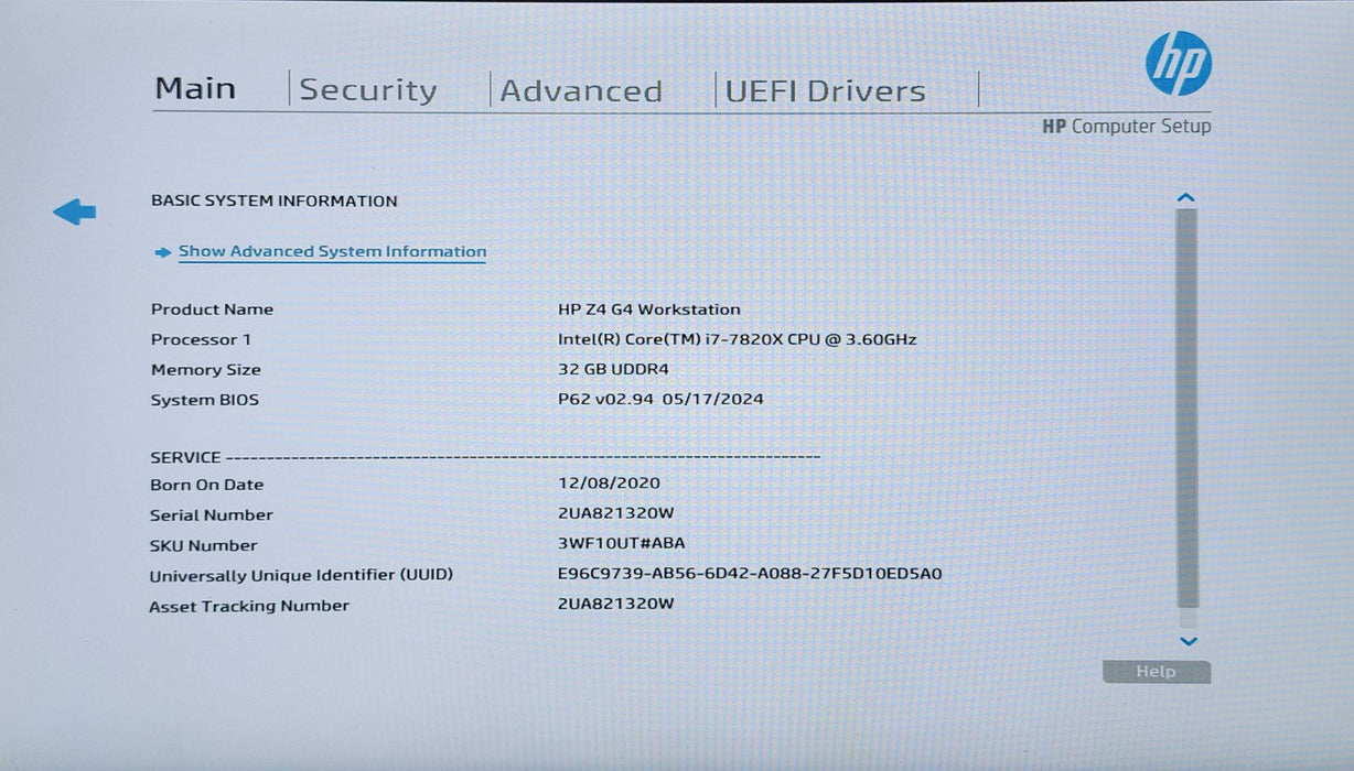 HP Z4 G4 Workstation, i7-7820X 3.60GHz, 32GB DDR4, P2000, READ