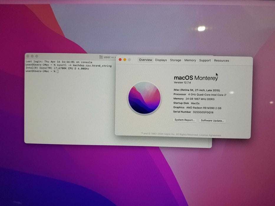 Apple iMac 27" Retina 5K 2015 Intel i7-6700K CPU 4.0GHz 24GB RAM - 1TB HDD