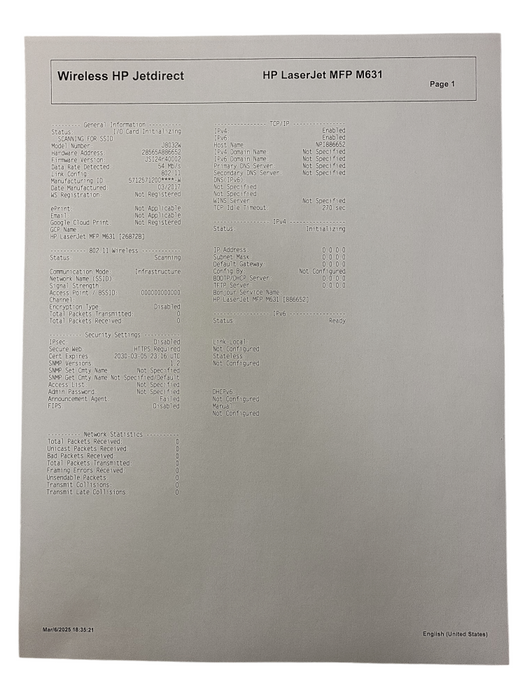 HP LaserJet Enterprise Flow MFP M631 Multifunction Printer J8J65A $