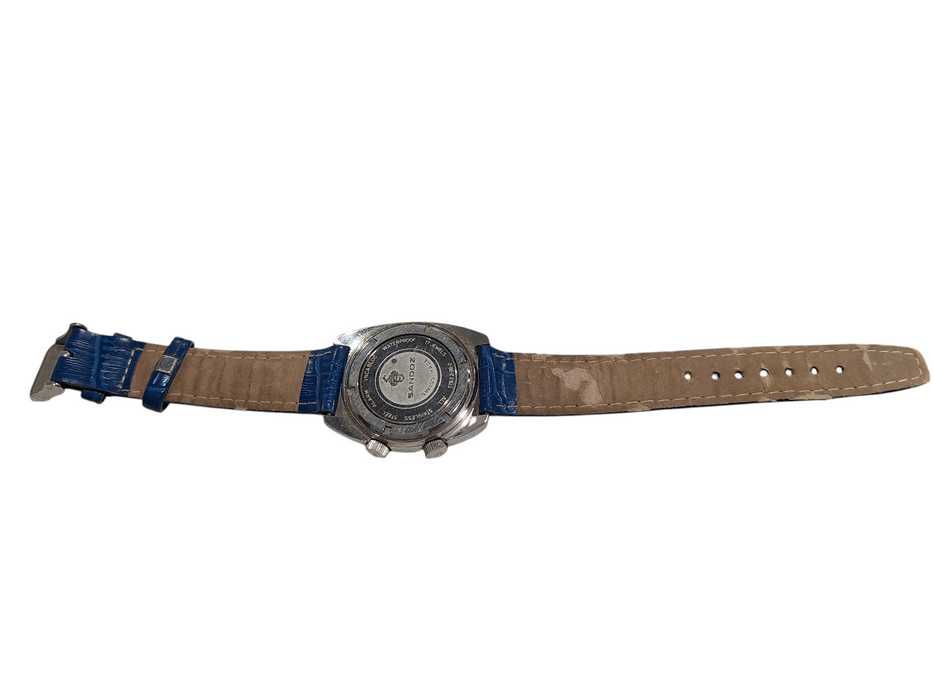 SANDOZ Swiss Made 17 Jewels Watch 1763Z-98-2 Blue Leather Wristband =