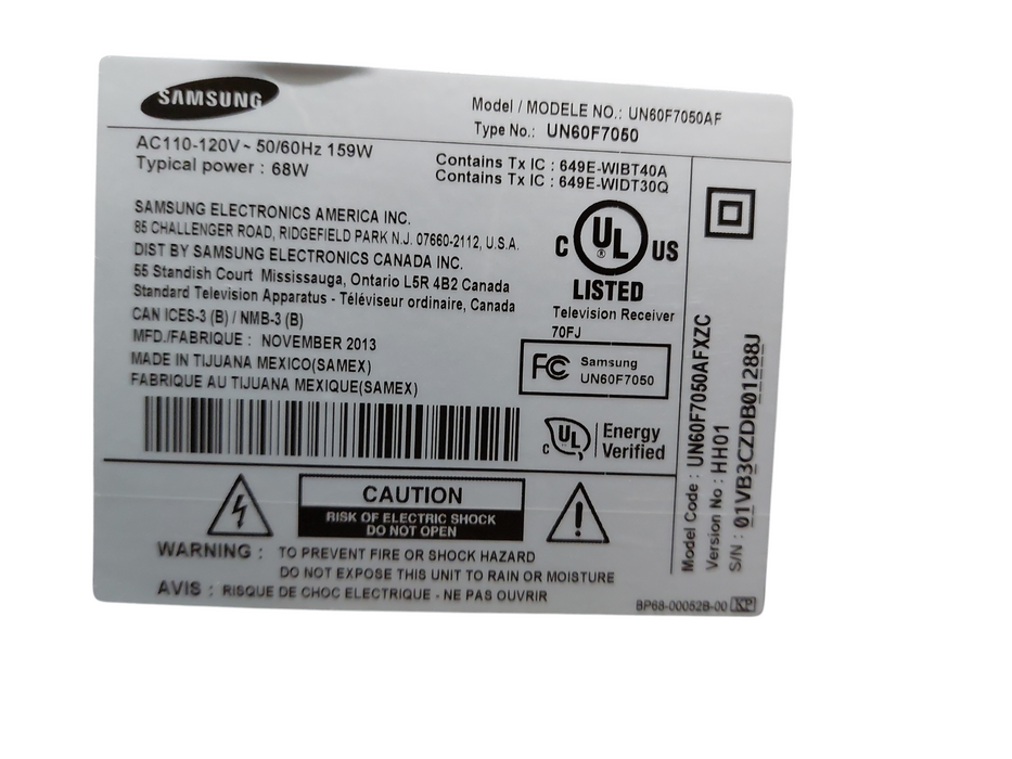 Samsung 60" LED TV Model: UN60F7050AF  2013 with Remote  =