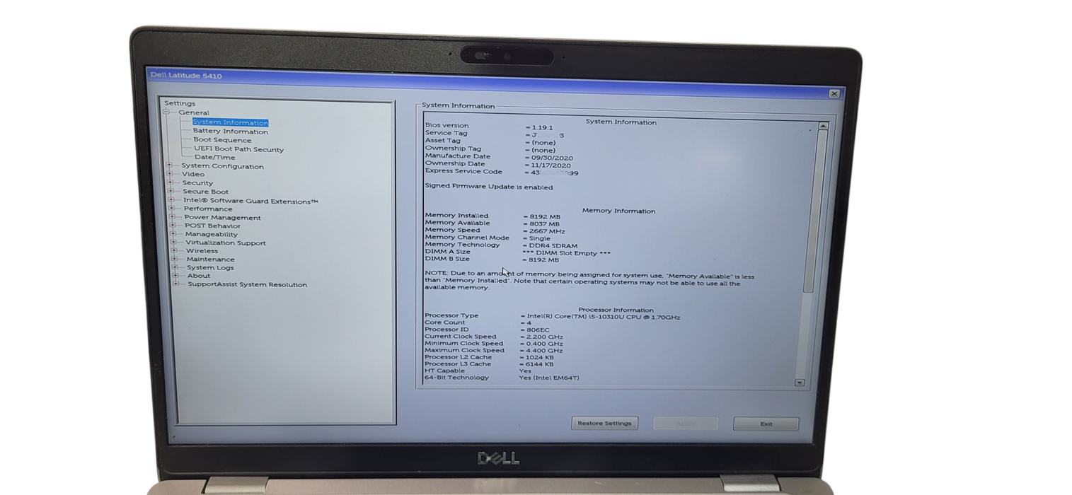 Dell Latitude 5410 i5-10310U CPU | 8GB DDR4 RAM |256GB NVME | SEE Q Lap200