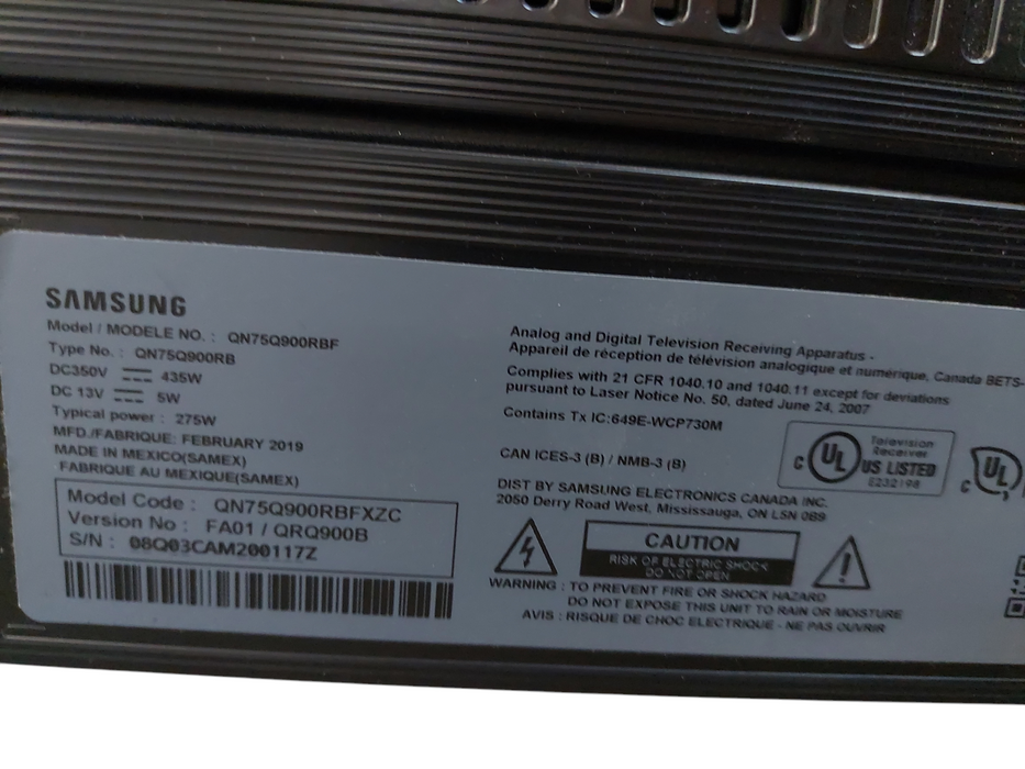 Samsung 8K QLED 75" Tv Model: QN75Q900RBF Takes One Connect Power Cable  =