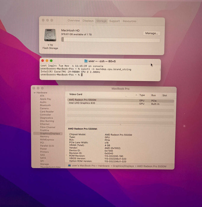 Apple MacBook Pro 16" 2019 i9 9880H Radeon PRO 5500 16GB RAM 1TB SSD READ