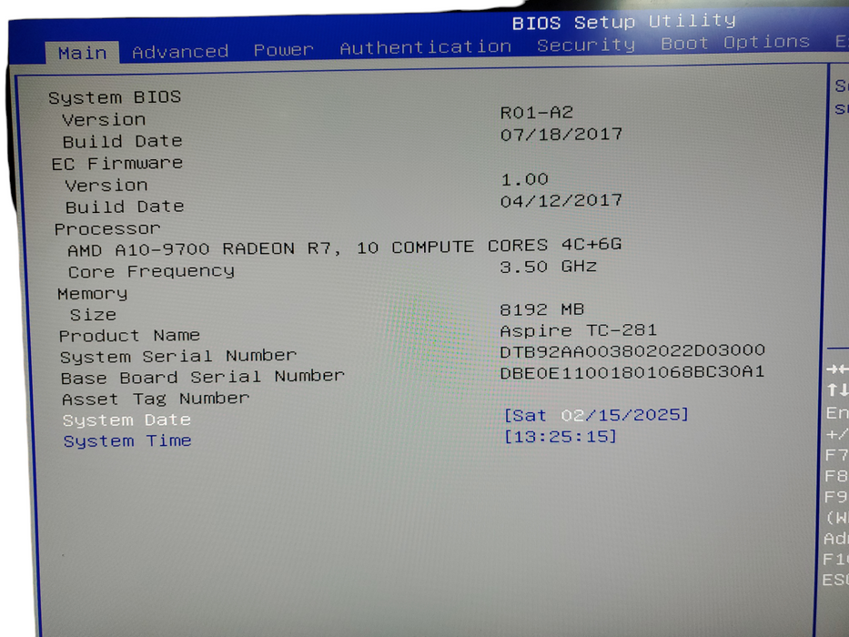 Acer Aspire Tc-281 AMD A10-9700 8GB Ram No HDD