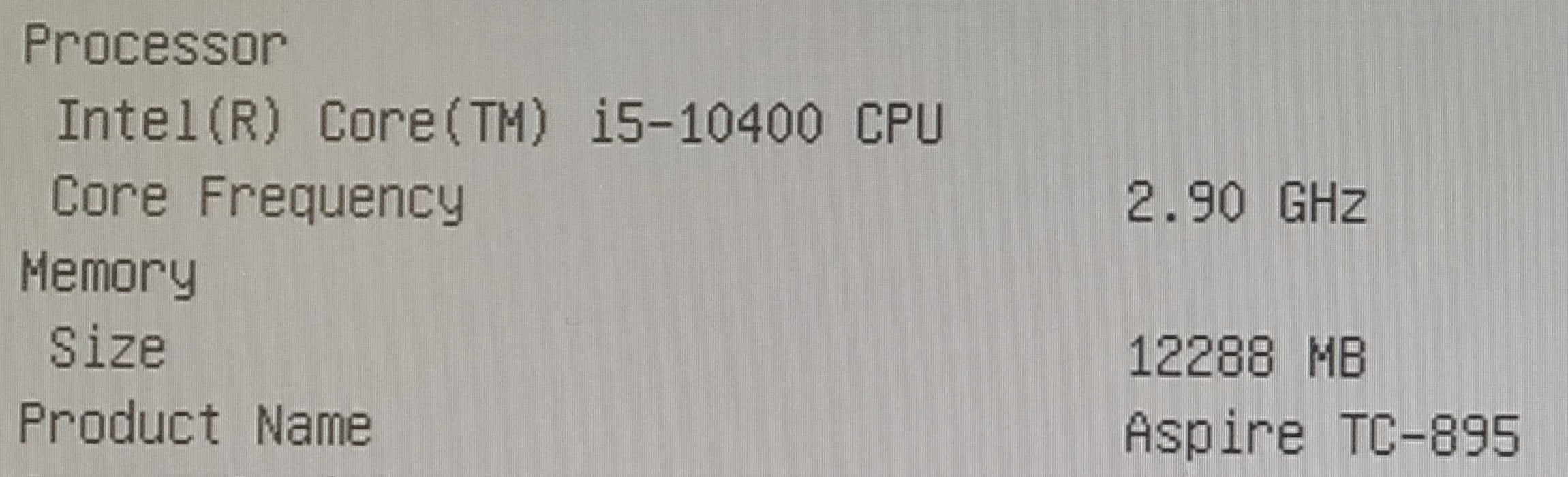 Acer Aspire TC-895 - Core i5-10400 @ 2.90GHz, 12GB DDR4, NO HDD