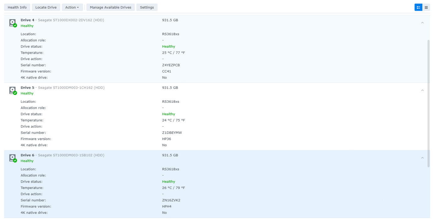 Synology 12 bay NAS RackStation RS3618xs 2U, 12x 1TB HDDs