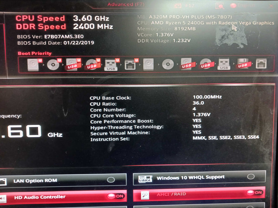 Custom SFF PC AMD Ryzen 5 2400G MSI A320M 8GB DDR4 No HDD