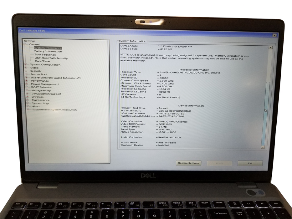 Dell Latitude 5510 Core i7-10610U @1.8GHz 8GB RAM 256GB NVMe *READ*  Lap200