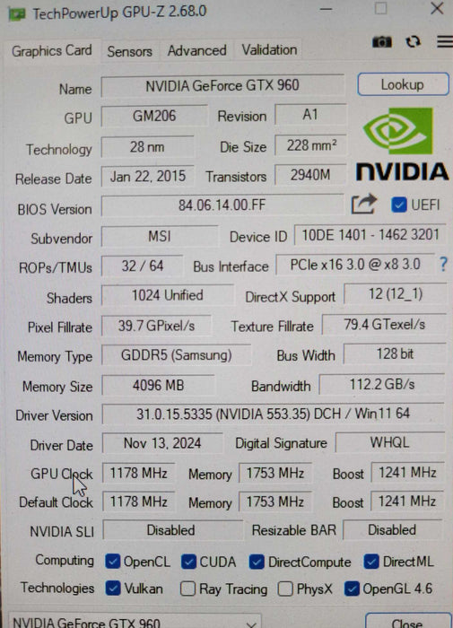 MSI/Nvidia GeForce GTX 960 4GD5T 4GB GDDR5 Graphics card _