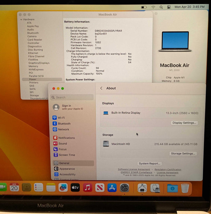 Apple MacBook Air 13" M1 2020 8GB RAM 256GB SSD No Power Adapter