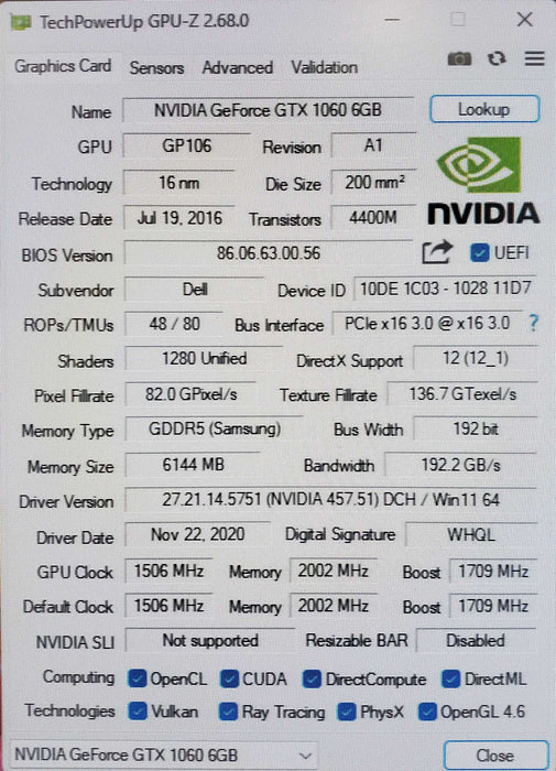 Dell NVIDIA GeForce GTX 1060 6GB GDDR5 Graphics Card - 02FNM3