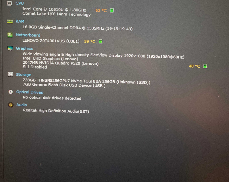 Lenovo ThinkPad P15s i7-10510U QUADRO P520 2GB GPU 16GB RAM 256GB SSD READ!  Lap200