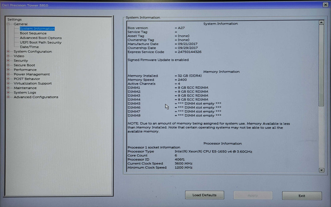 Dell Precision 5810, E5-1650v4 3.60GHz, 32GB DDR4, K2200, No HDD