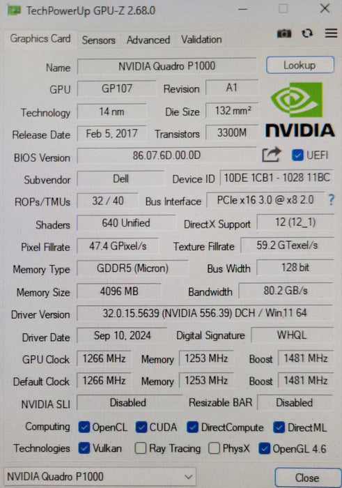 NVIDIA Quadro P1000 4GB GDDR5 4 x Mini DP Graphics Video, FH bracket _