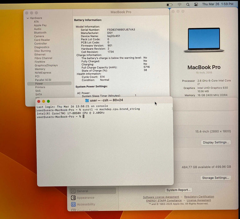 Apple MacBook Pro 15" 2018 i7-8850H Radeon Pro 560X 16GB RAM 512GB SSD READ