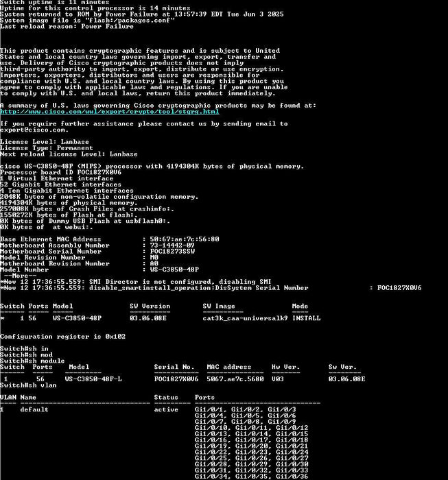 Cisco WS-C3850-48F-L 48 Port PoE+ Gigabit Switch w/ C3850-NM-2-10G, 1x PSU _