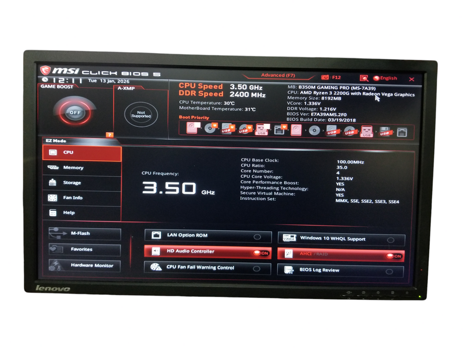 Custom PC MSI B350M-Gaming-Pro AMD Ryzen 3 2200G 16GB RAM 256GB SSD