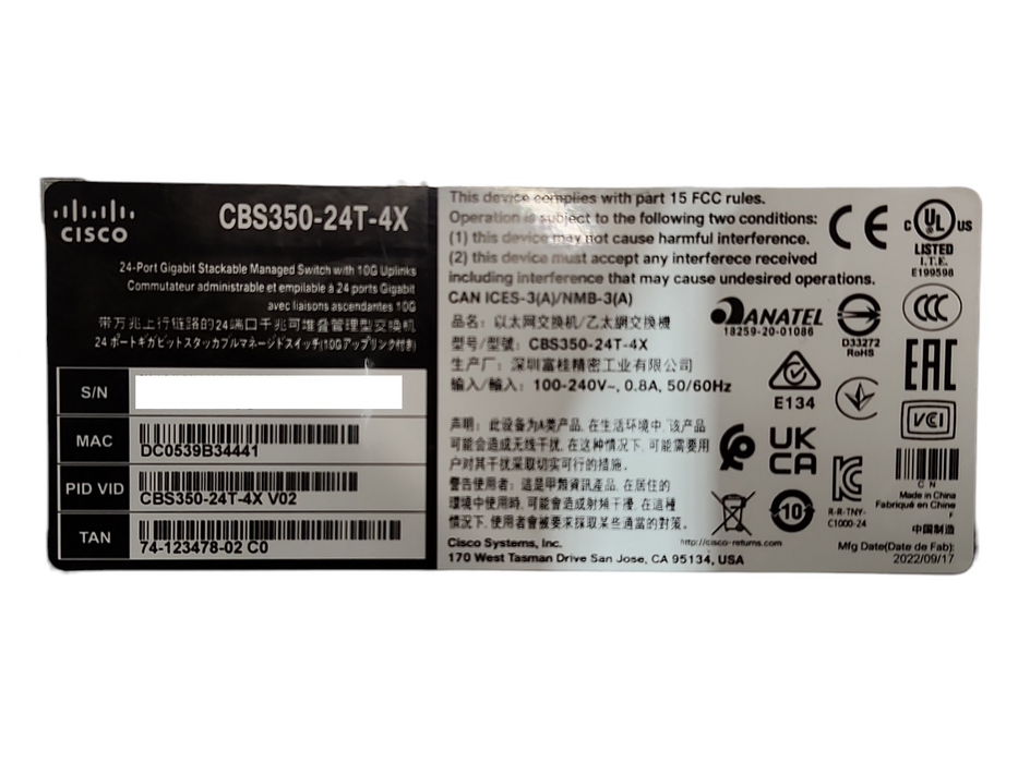 Cisco Business CBS350-24T-4X 24 Port Gigabit Managed Network Switch