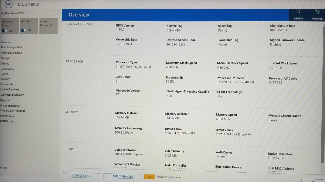 Dell OptiPlex 7020 USFF 14th Gen Core i5-14500T CPU 16GB RAM - 512GB NVMe