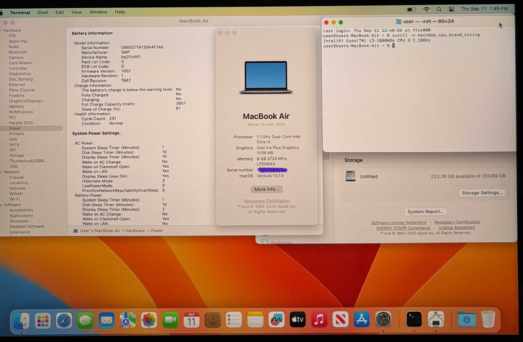 Apple MacBook Air 13" 2020 i3-1000NG4 8GB RAM 256SSD No Power Adapter READ