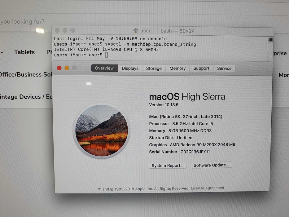 Apple iMac 27" Late 2014, i5-4690 @ 3.50GHz 8GB RAM 1TB HDD 128GB SSD