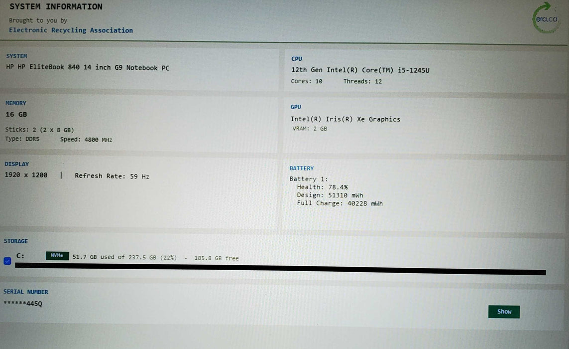 HP Elitebook 840 G9 14 FHD i5-1245U@1.6GHz 16GB 256GB SSD READ  Lap200