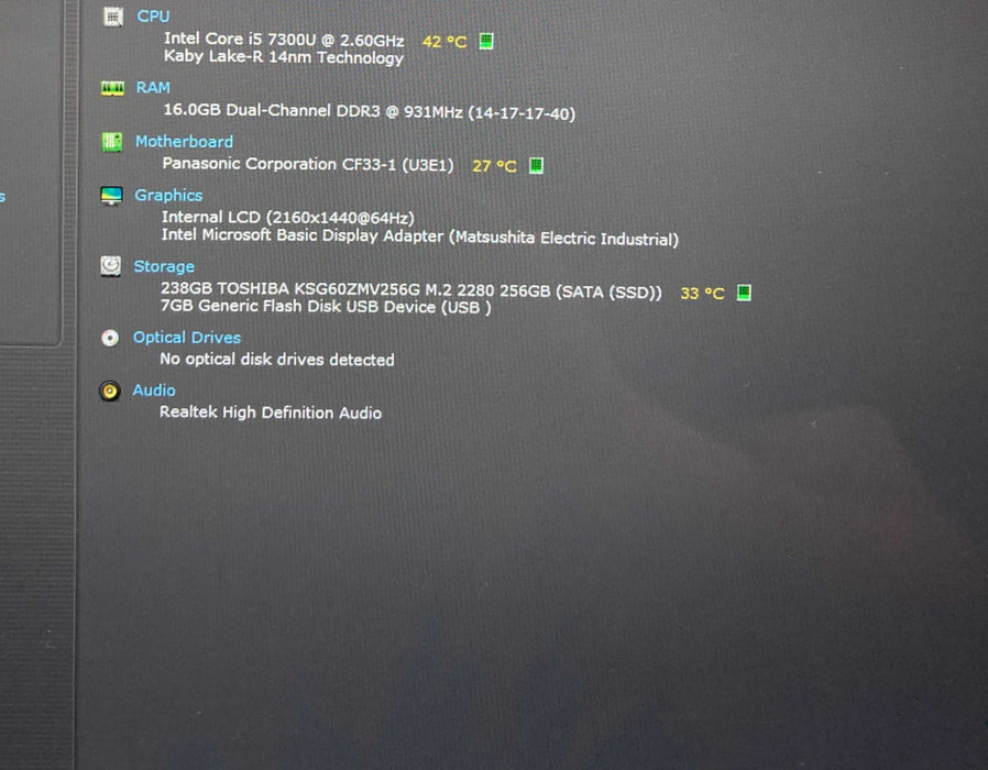 Panasonic ToughBook CF-33 TOUCH i5-7300U 16GB RAM 256GB SSD 21930Hrs.