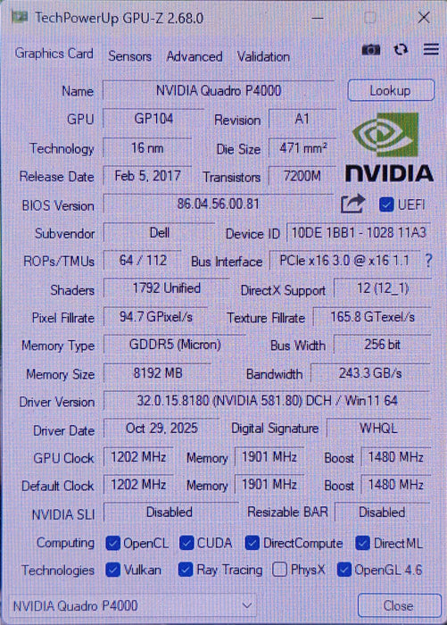 NVIDIA Quadro P4000 8GB GDDR5 Graphics Card - 4x Display Port