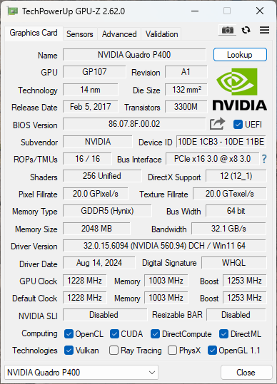 NVIDIA QUARO P400 2GB PCIe %