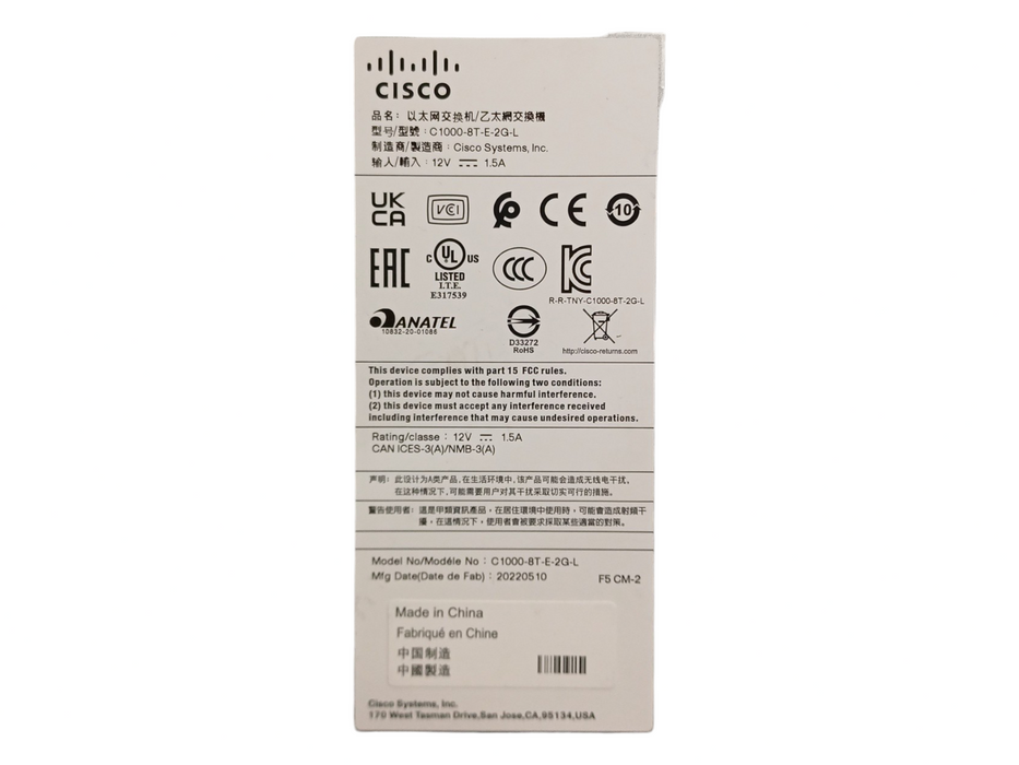 Cisco C1000-8T-E-2G-L 8 Port PoE Smart Eligible Gigabit Ethernet Switch