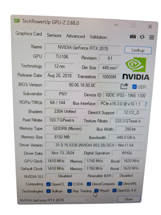 PNY NVIDIA GEFORCE RTX 2070 8GB GDDR6 PCIE %