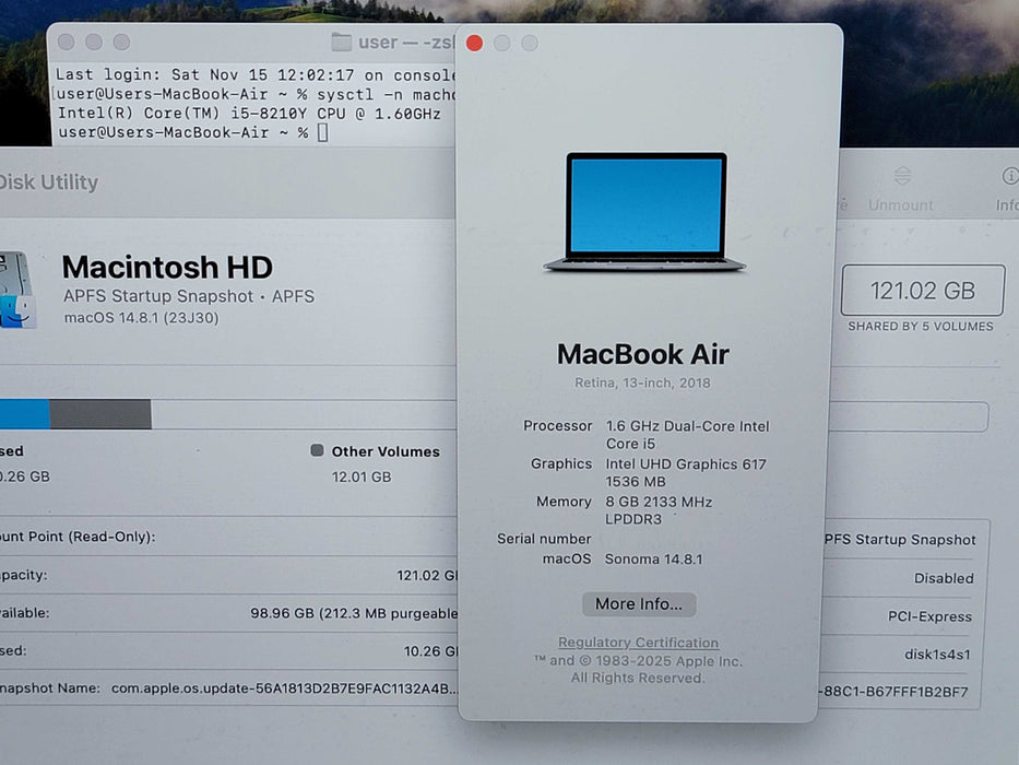 Apple Macbook Air 2018 13" 2-Core i5-8210Y @ 1.6GHz 8GB DDR3 120GB SSD