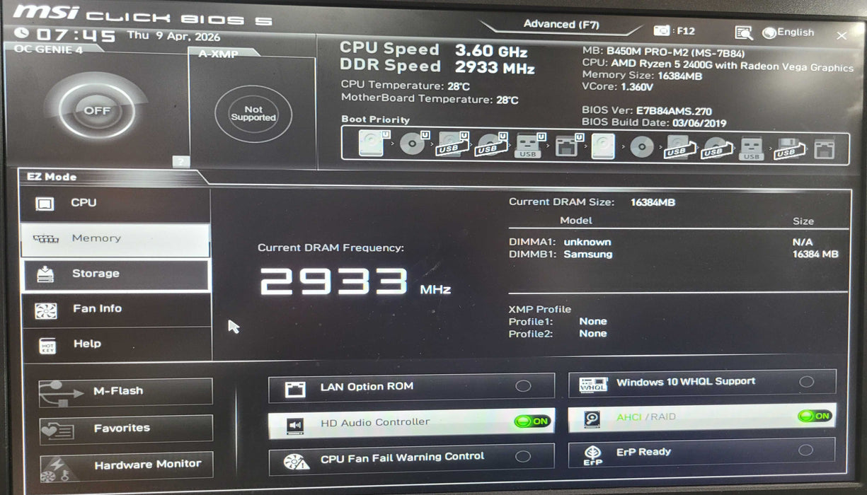 Custom PC/MSI B450M PRO-M2 | Ryzen 5 2400G 16GB DDR4 256GB NVMe